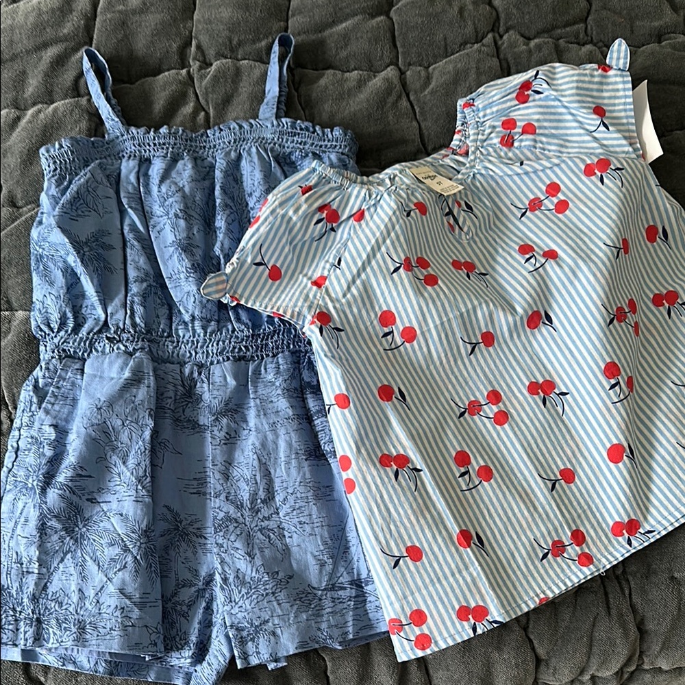 Blue Romper and Cherry Print Top Set